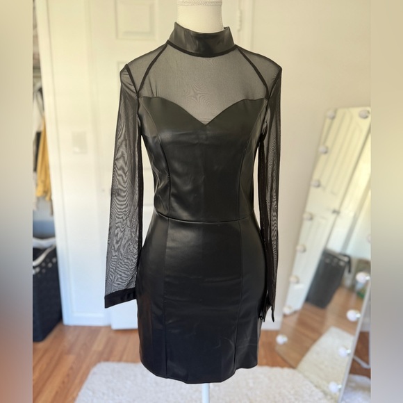The NEW Boutique Dresses & Skirts - Black Faux Leather Mesh Long Sleeve Mini Dress Sheer Y2K Sexy Bodycon